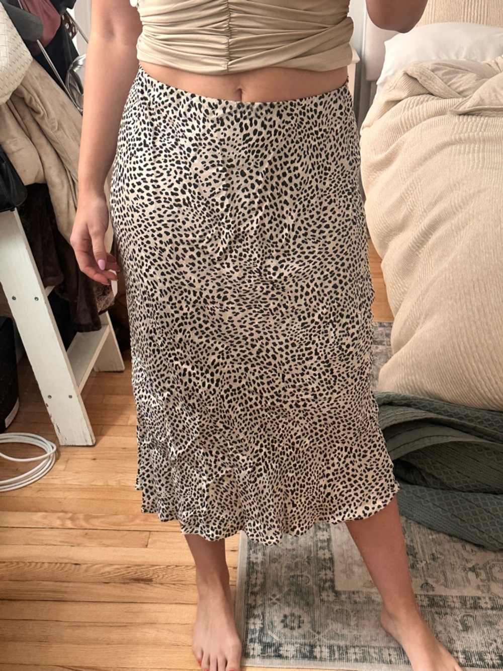 H&M Beige Midi Skirt with Black Leopard Spots